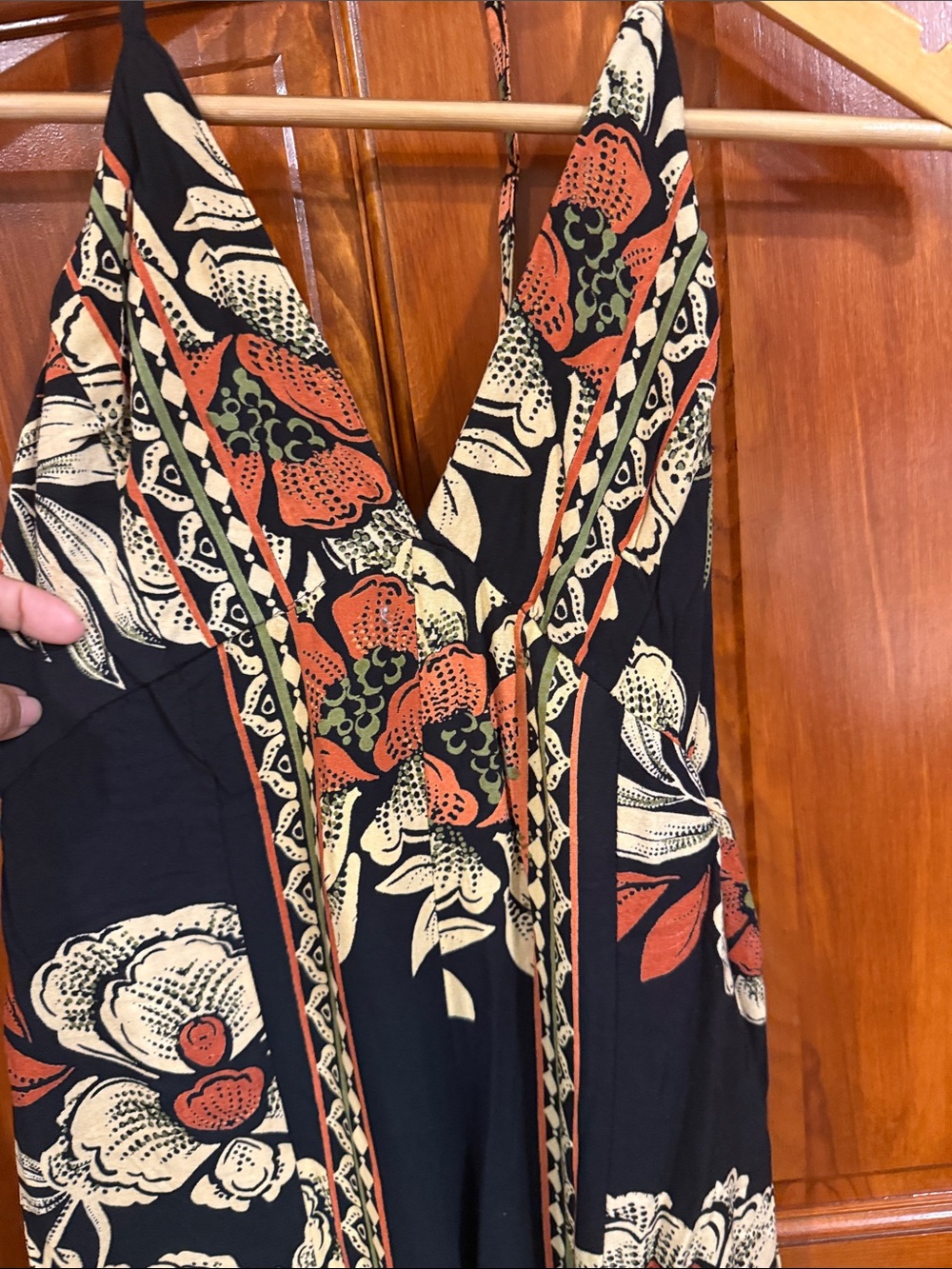 Floral V-Neck Halter Maxi jumpsuit  in Black and Rust - Picture 4 of 10